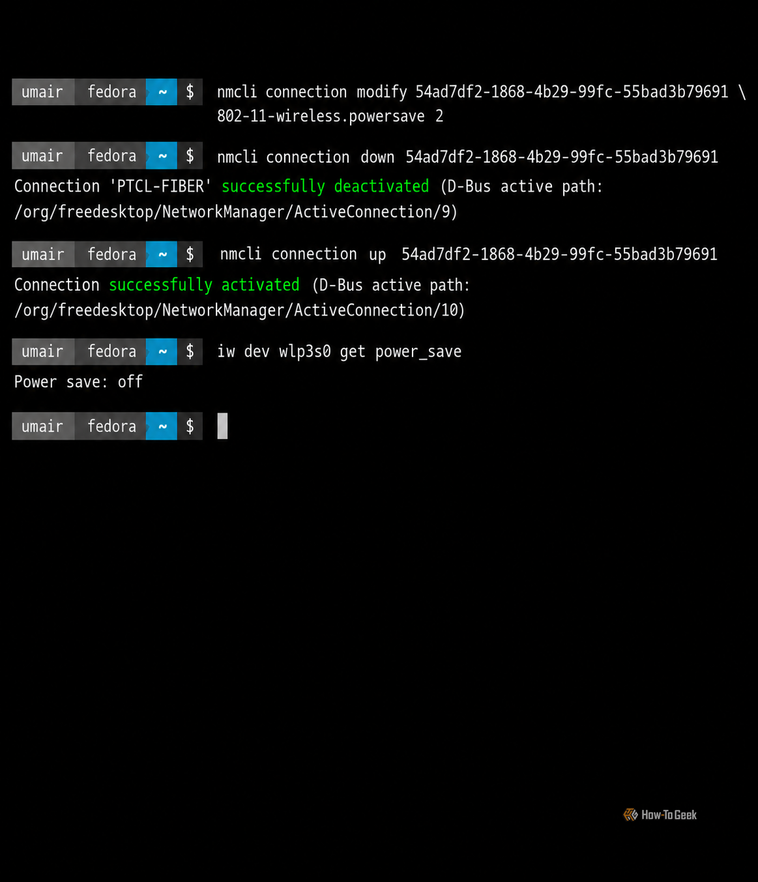 Linux Wi-Fi Power-Save Terminal Session
