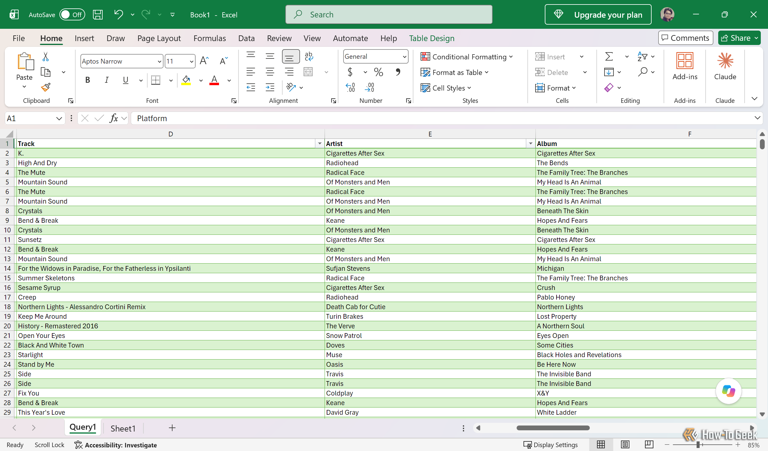 Loaded Query1 sheet showing Track, Artist and Album columns of the imported Spotify history.