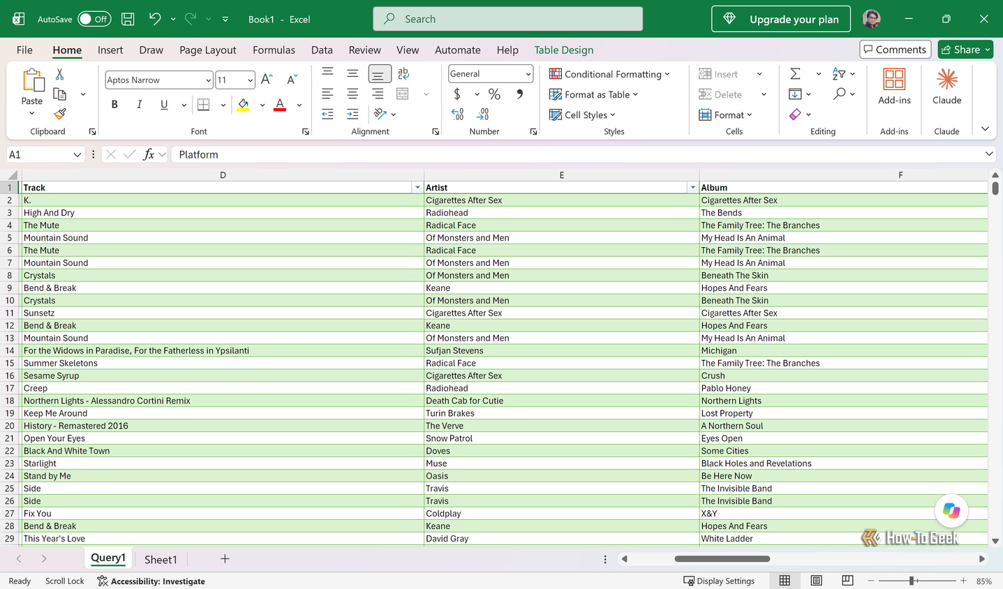 Loaded Query1 sheet showing Track, Artist and Album columns of the imported Spotify history.