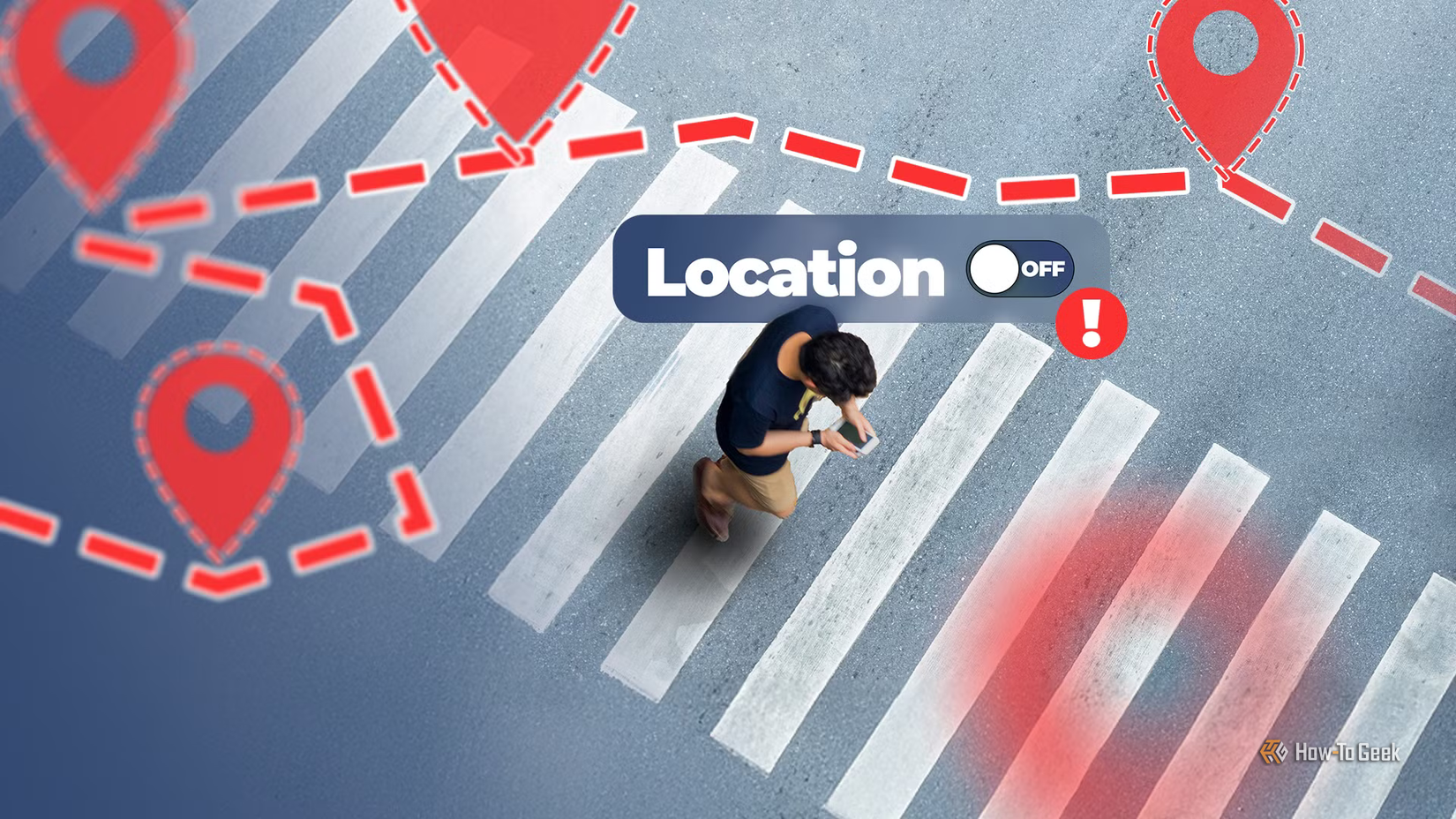Person crossing a street while using a phone, with a 'Location Off' toggle above, surrounded by red map pins and tracking lines.
