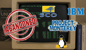 Logos of several companies and an abondoned seal over a UNIX operating system running on a vintage computer.
