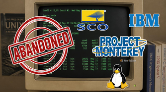 Logos of several companies and an abondoned seal over a UNIX operating system running on a vintage computer.