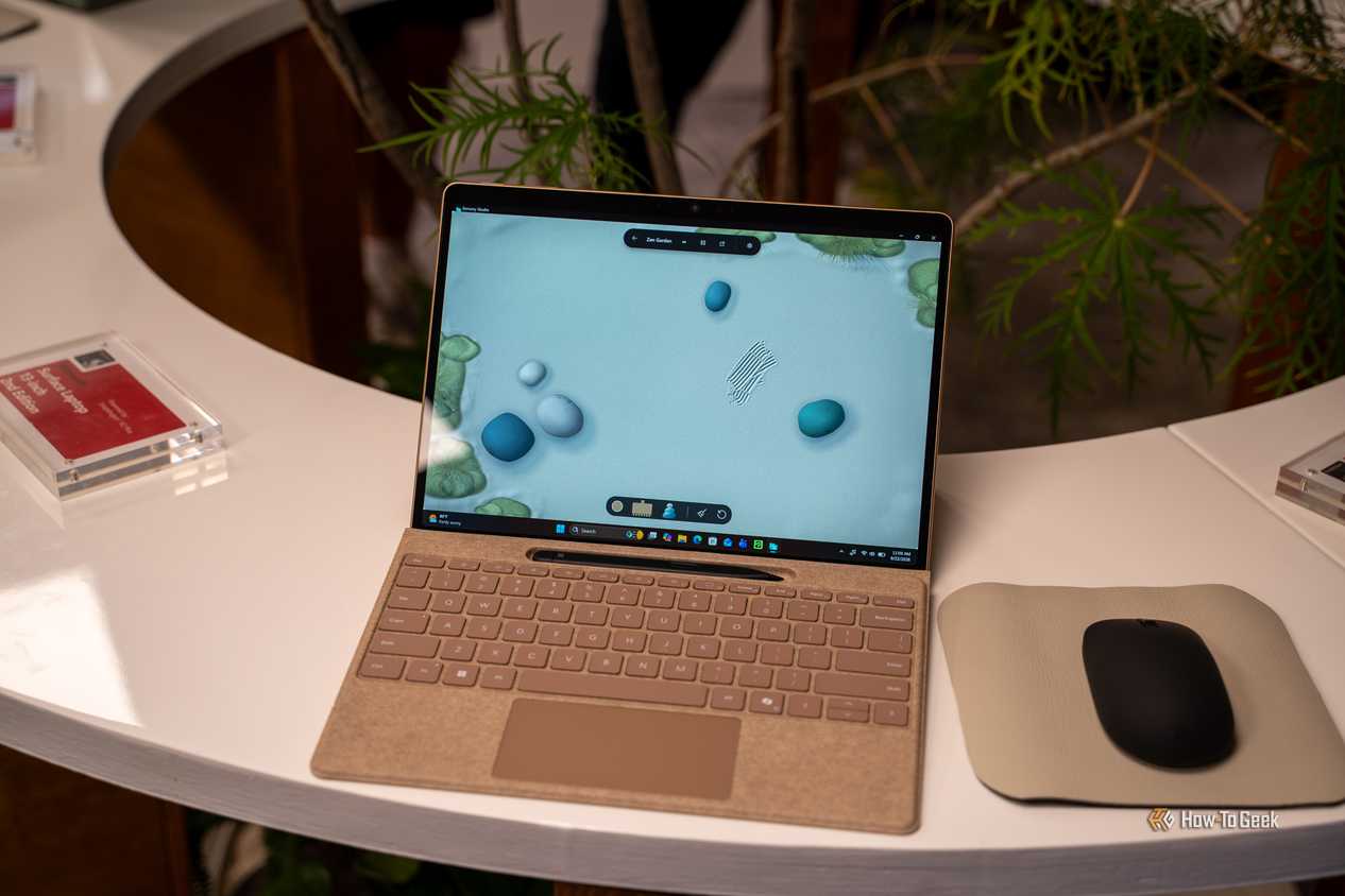 Microsoft Surface Laptop 13-inch 2nd Edition tan model running Sensory Studio Zen Garden.