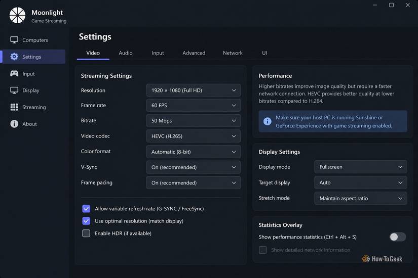 A screenshot of Moonlight Game Streaming video settings showing 1920×1080 resolution at 60 FPS, a 50 Mbps bitrate, HEVC encoding, V-Sync and frame pacing enabled.