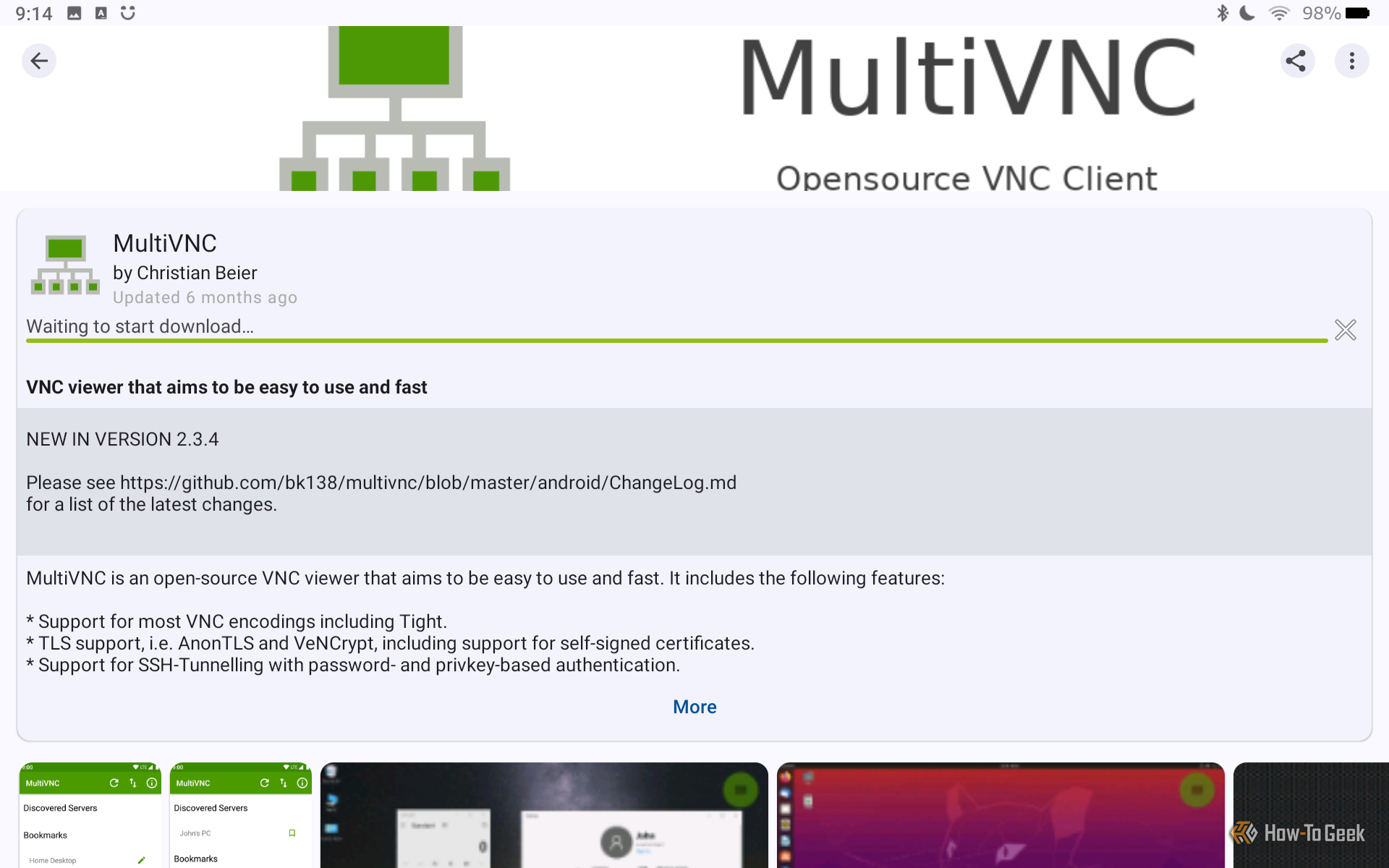 Downloading MultiVNC, an open-source VNC client via F-Droid.