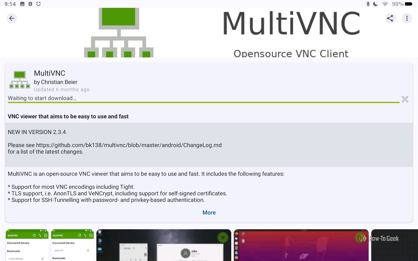 Downloading MultiVNC, an open-source VNC client via F-Droid.