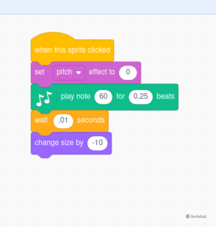 A stack of Scratch code blocks showing a sequence triggered by clicking a sprite to play a musical note and shrink the sprite size.