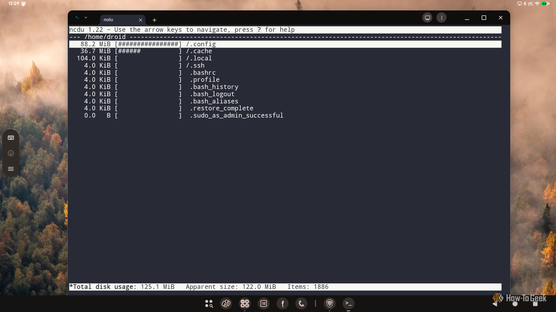 ncdu showing disk usage for the droid home directory in the Pixel terminal.