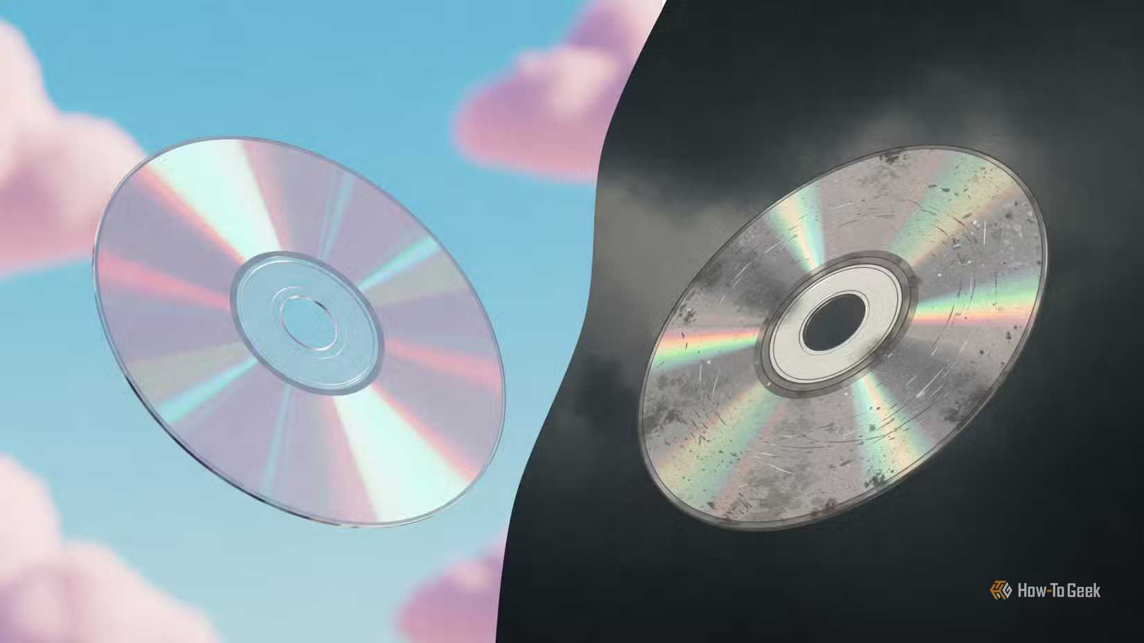 傷のある CD の隣にある新しい CD。