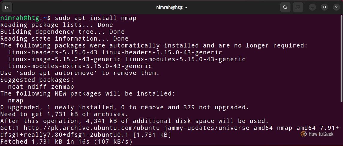 Терминал с введенной командой для установки утилиты Nmap