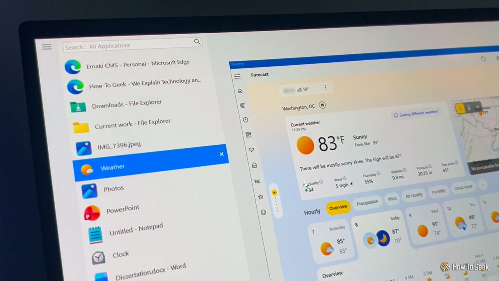 NTWind's Alt-Tab Terminator window shown on a monitor with a Weather app selected and previewed on the right.