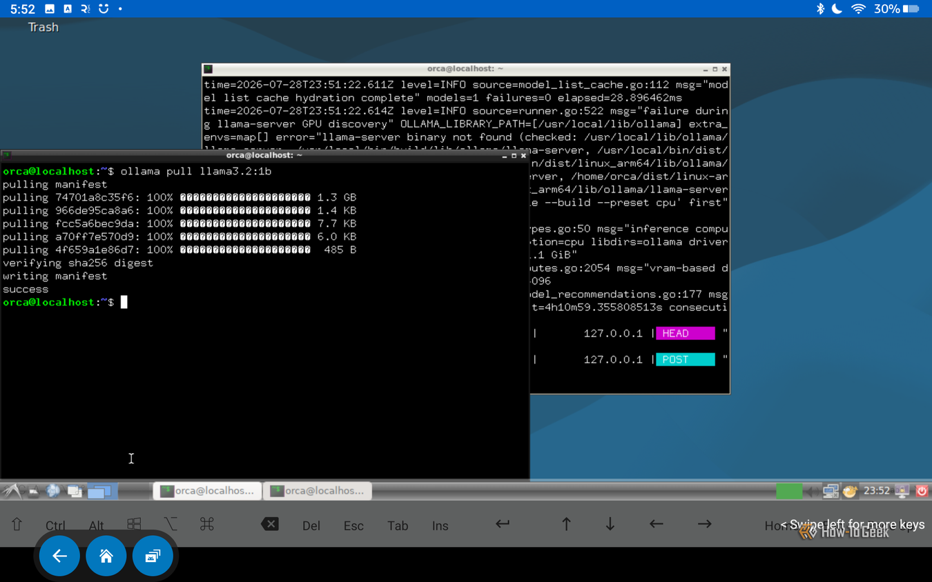 A screenshot of Ollama installing Debian on a tablet.