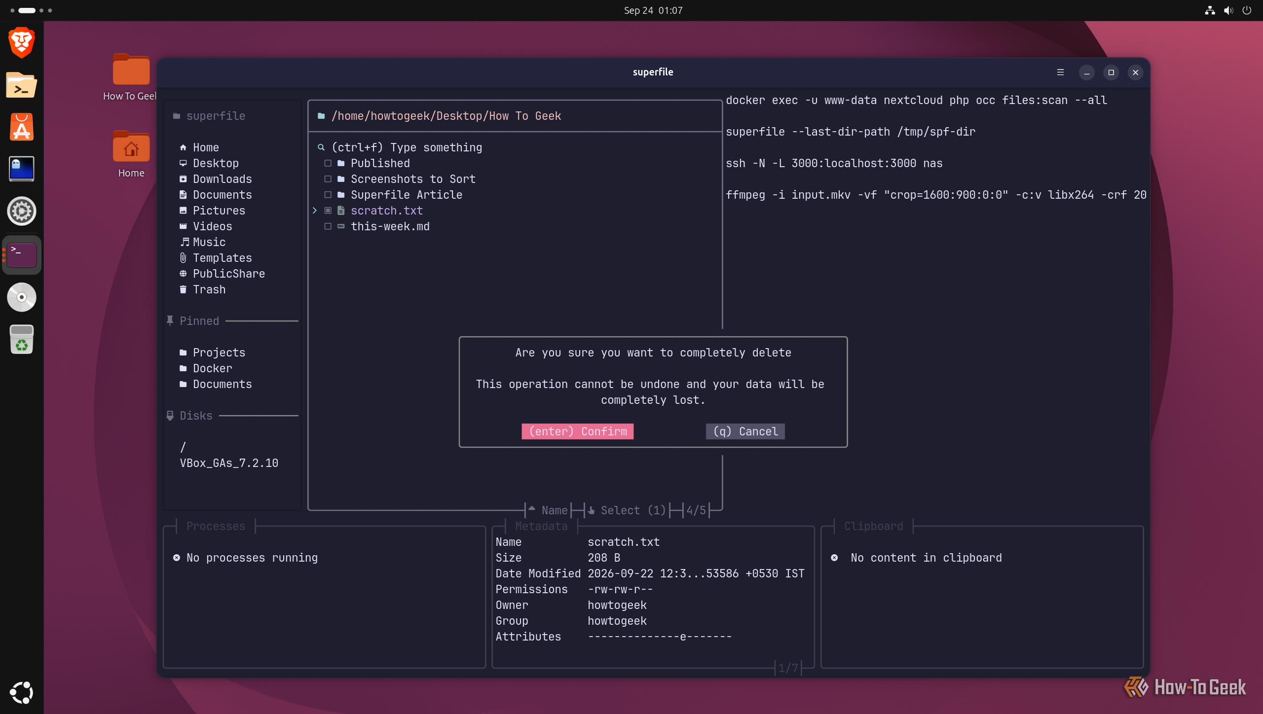 Permanent delete confirmation prompt in superfile for the selected scratch.txt file.