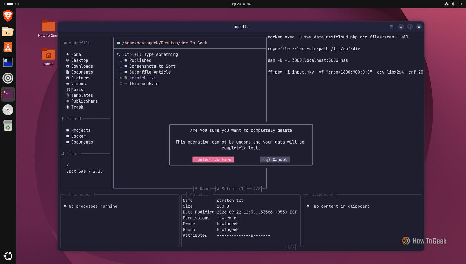 Permanent delete confirmation prompt in superfile for the selected scratch.txt file.
