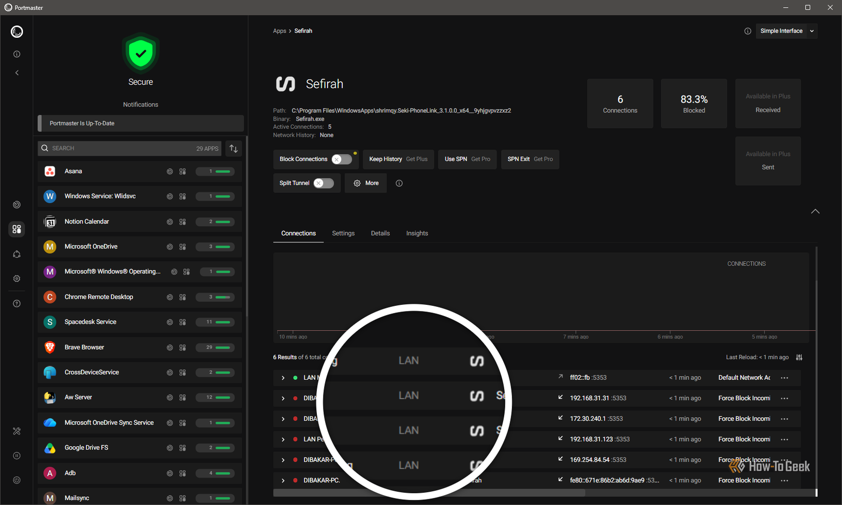Portmaster showing all of Sefirah's network connections are LAN-only.
