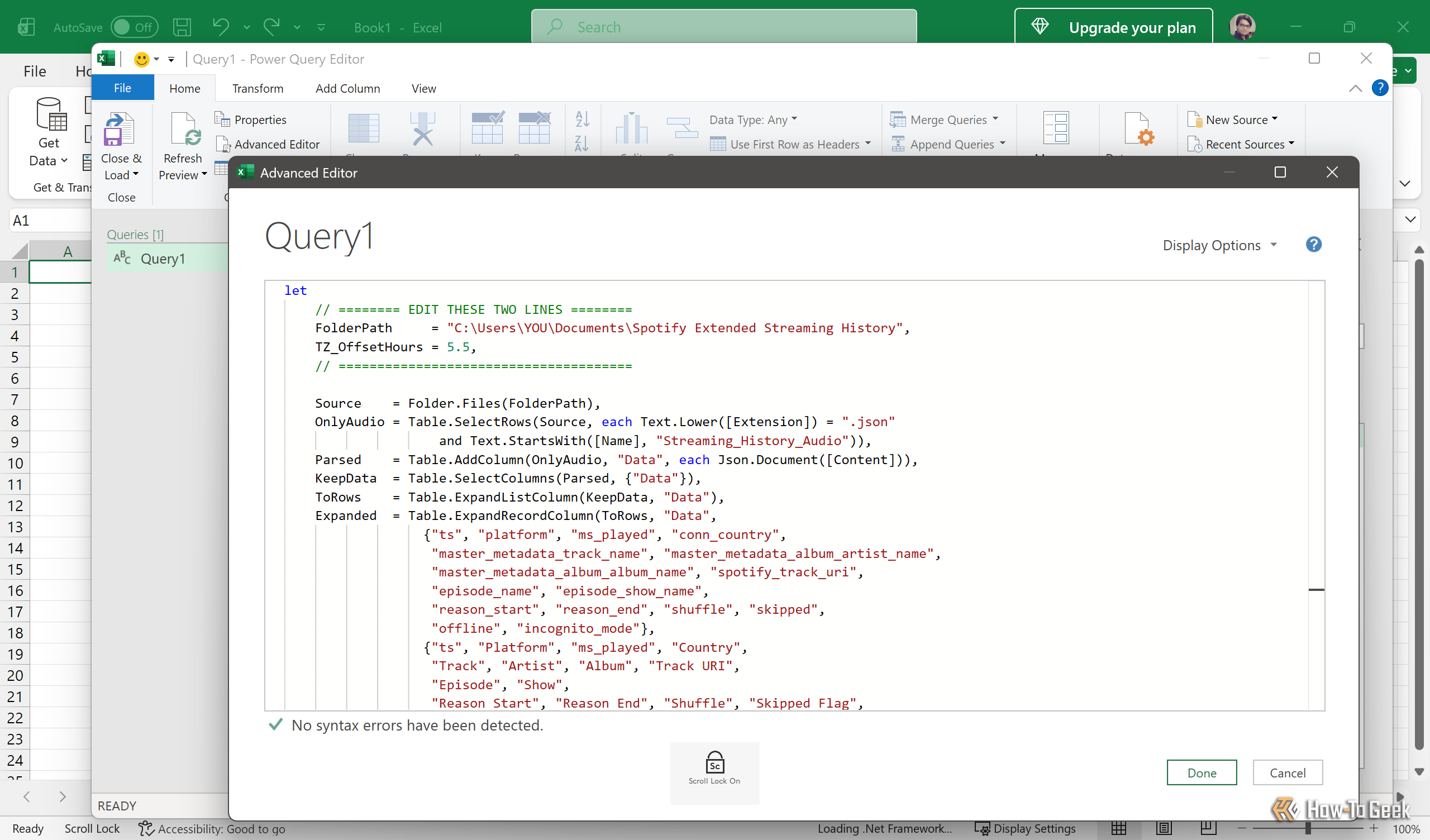 Power Query Advanced Editor with the pasted M code and the FolderPath and TZ_OffsetHours lines to edit.