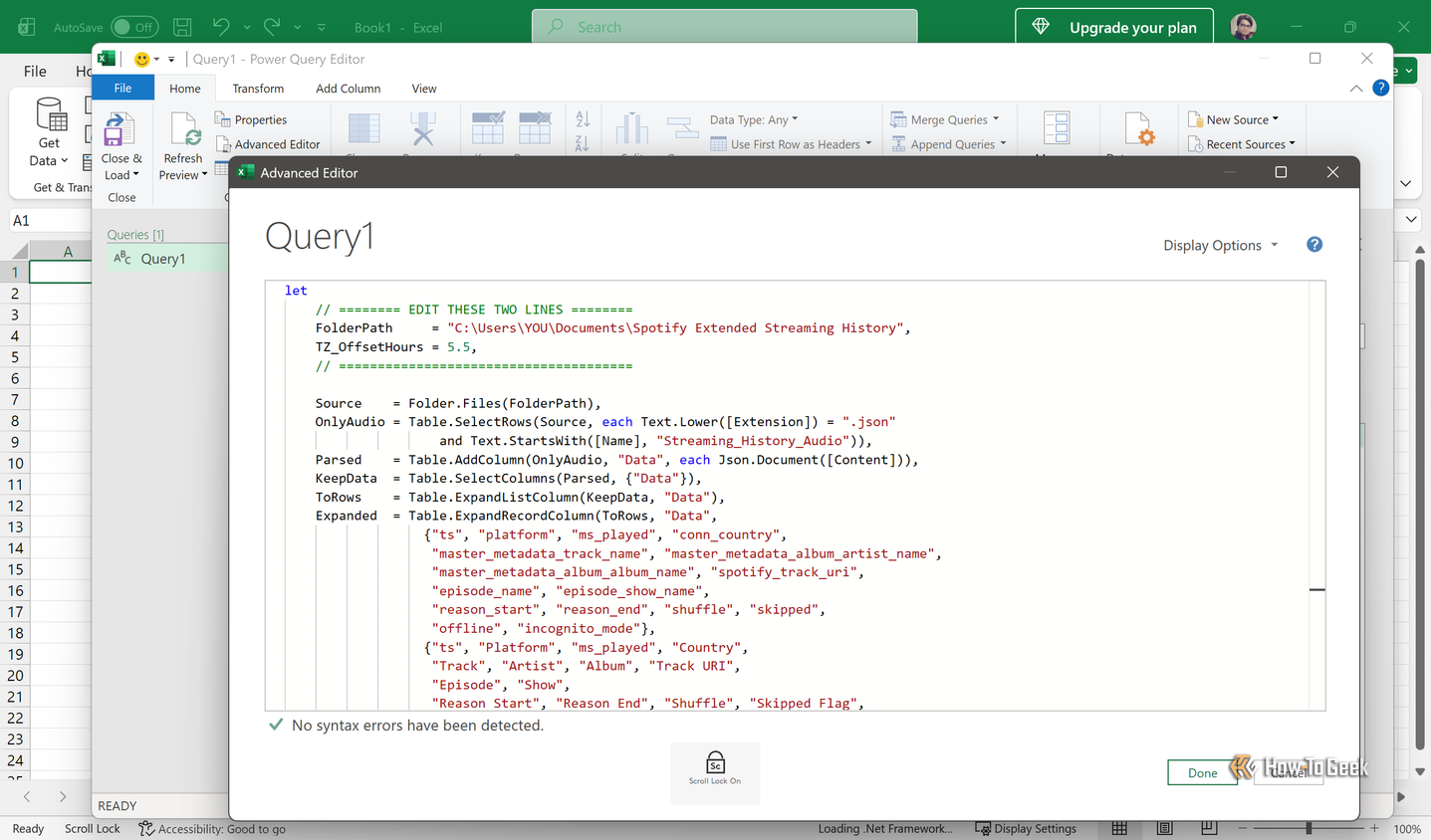 Power Query Advanced Editor with the pasted M code and the FolderPath and TZ_OffsetHours lines to edit.