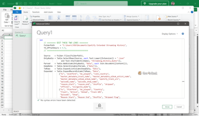 Power Query Advanced Editor with the pasted M code and the FolderPath and TZ_OffsetHours lines to edit.