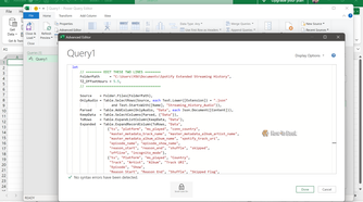 Power Query Advanced Editor with the pasted M code and the FolderPath and TZ_OffsetHours lines to edit.