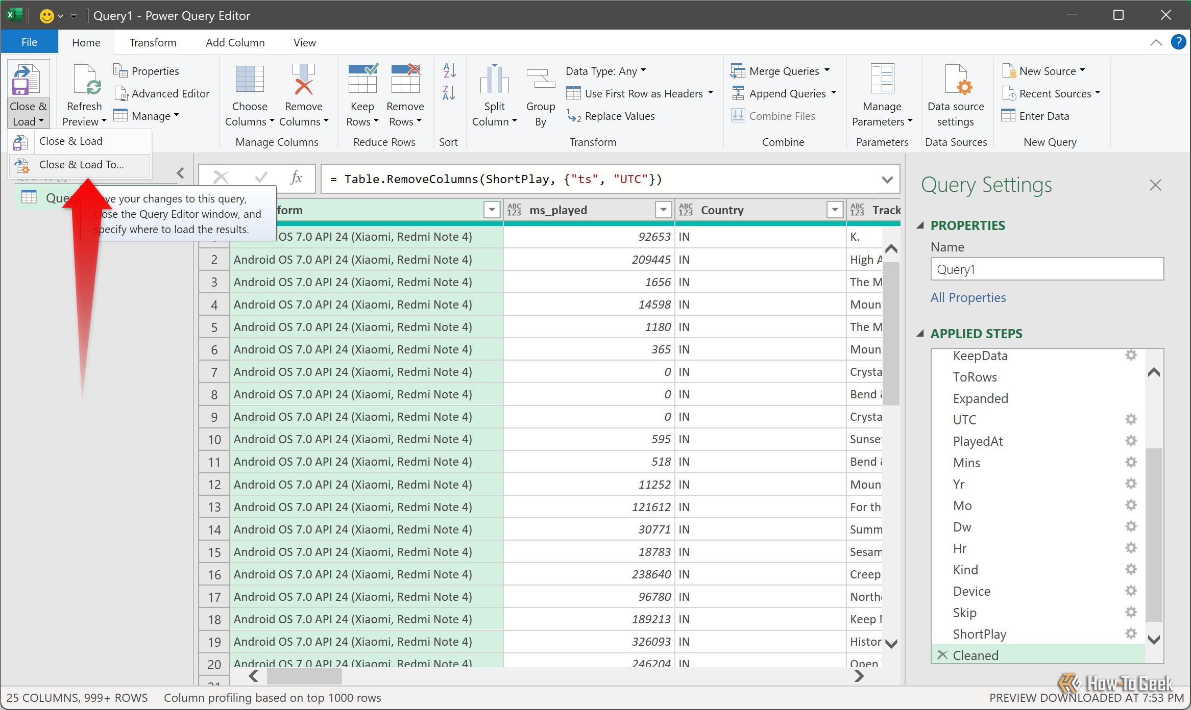 Power Query Editor with the Close & Load To option open and all applied steps listed.