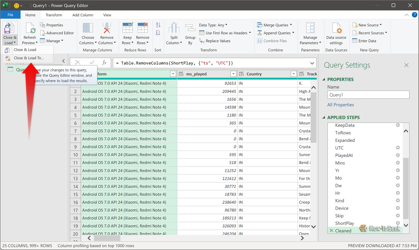 Power Query Editor with the Close & Load To option open and all applied steps listed.