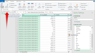 Power Query Editor with the Close & Load To option open and all applied steps listed.