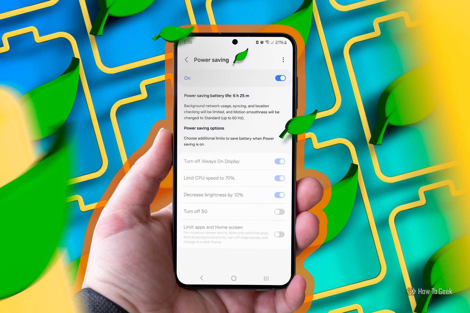 Configuraciones de ahorro de energía en la pantalla del teléfono con varios íconos alrededor.