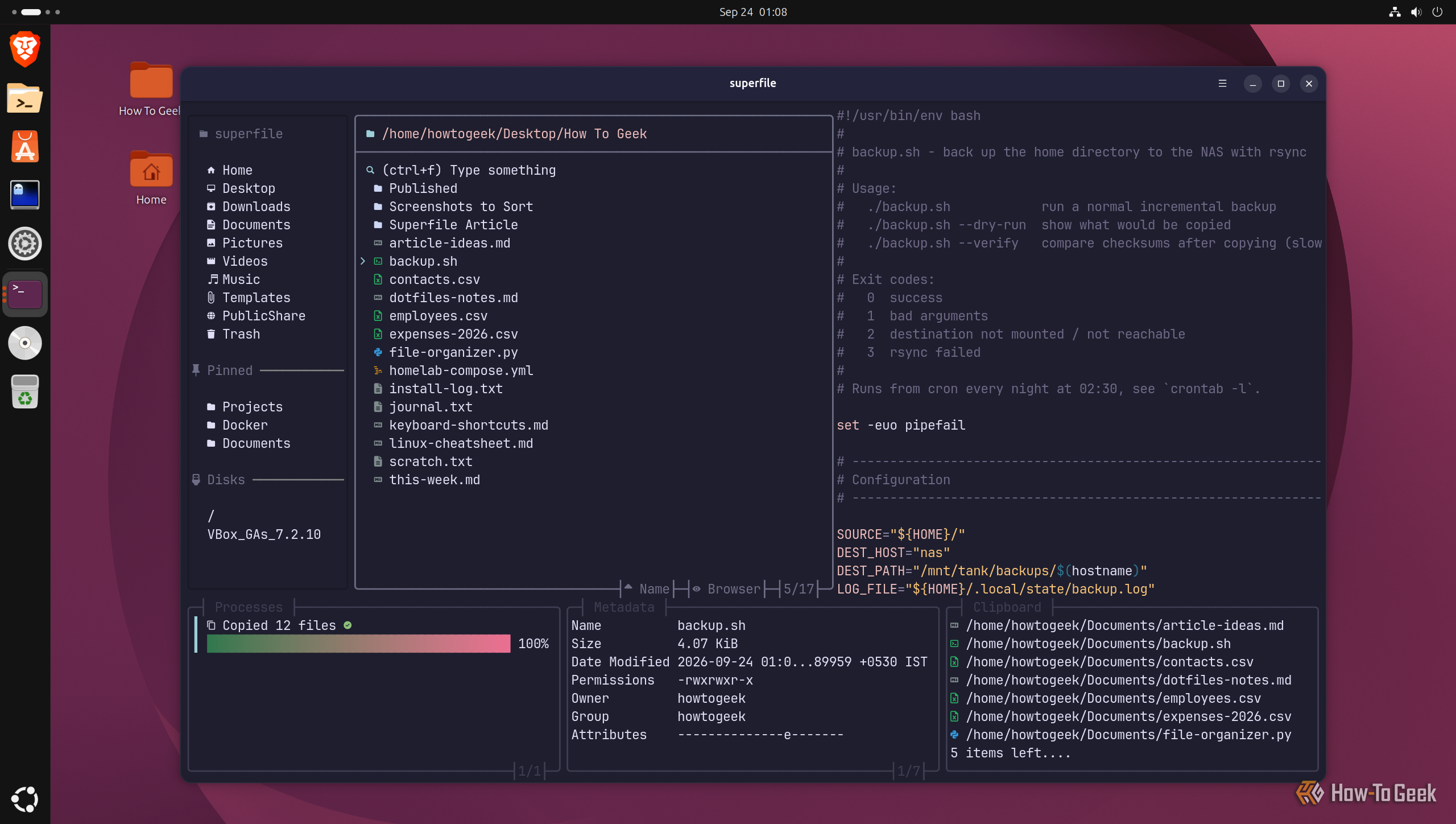 Processes widget showing the Copied 12 files operation finished at 100 percent.