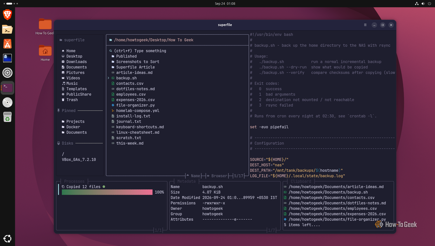 Processes widget showing the Copied 12 files operation finished at 100 percent.