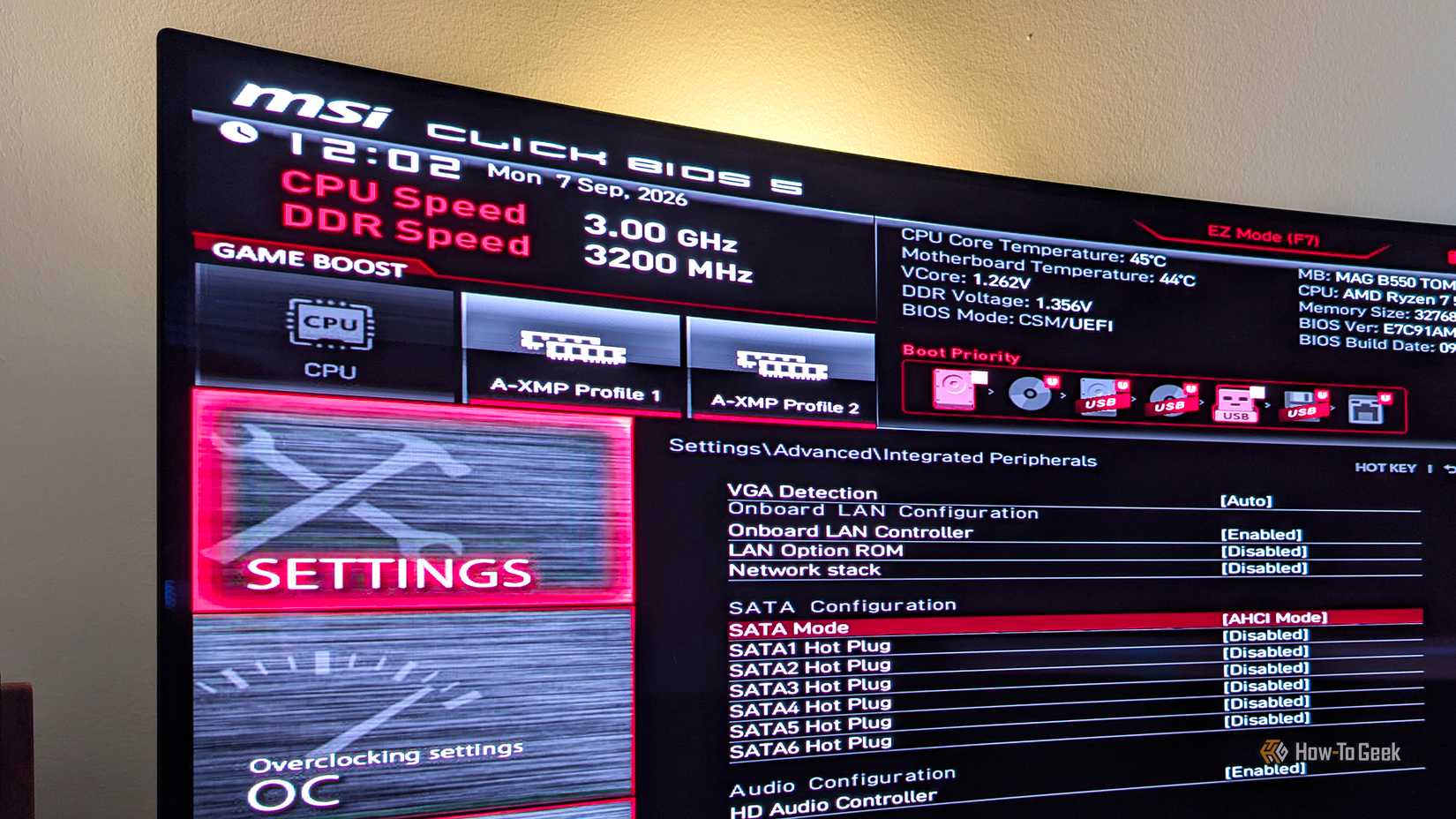 The BIOS menu of an MSI B550 Tomahawk showing the Integrated Peripherals options menu.