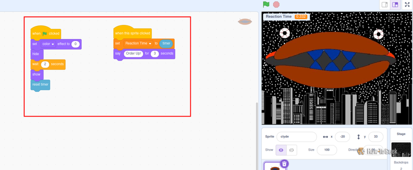A Scratch workspace highlighting two script blocks inside a red border alongside the stage featuring an alien burger sprite and a timer readout.