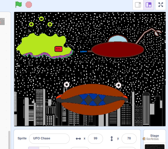 A Scratch stage containing several sci-fi graphics, including a floating green island, a red UFO, and a large alien burger sprite over a cityscape.