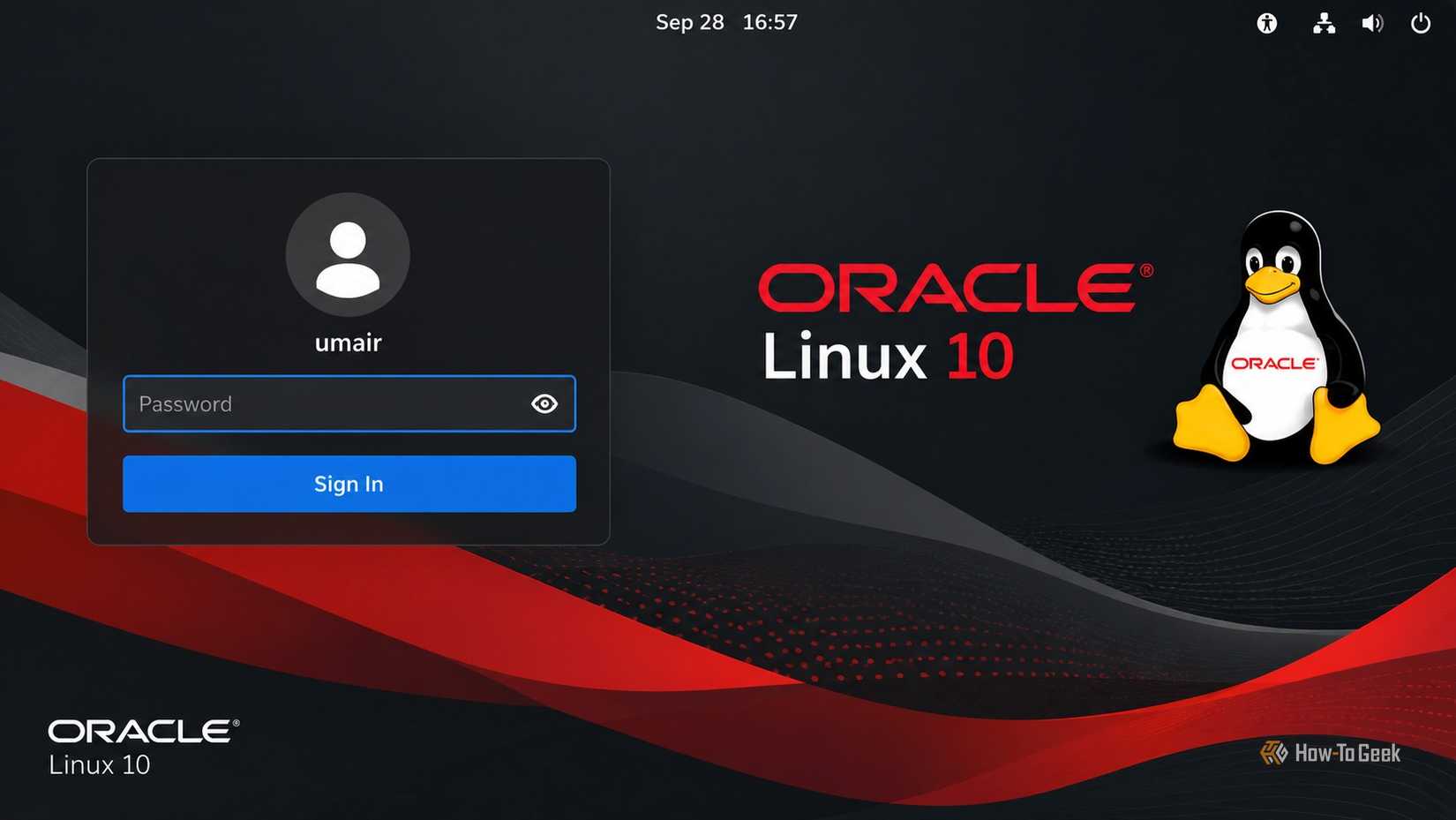 A screenshot of Oracle Linux 10's login screen.