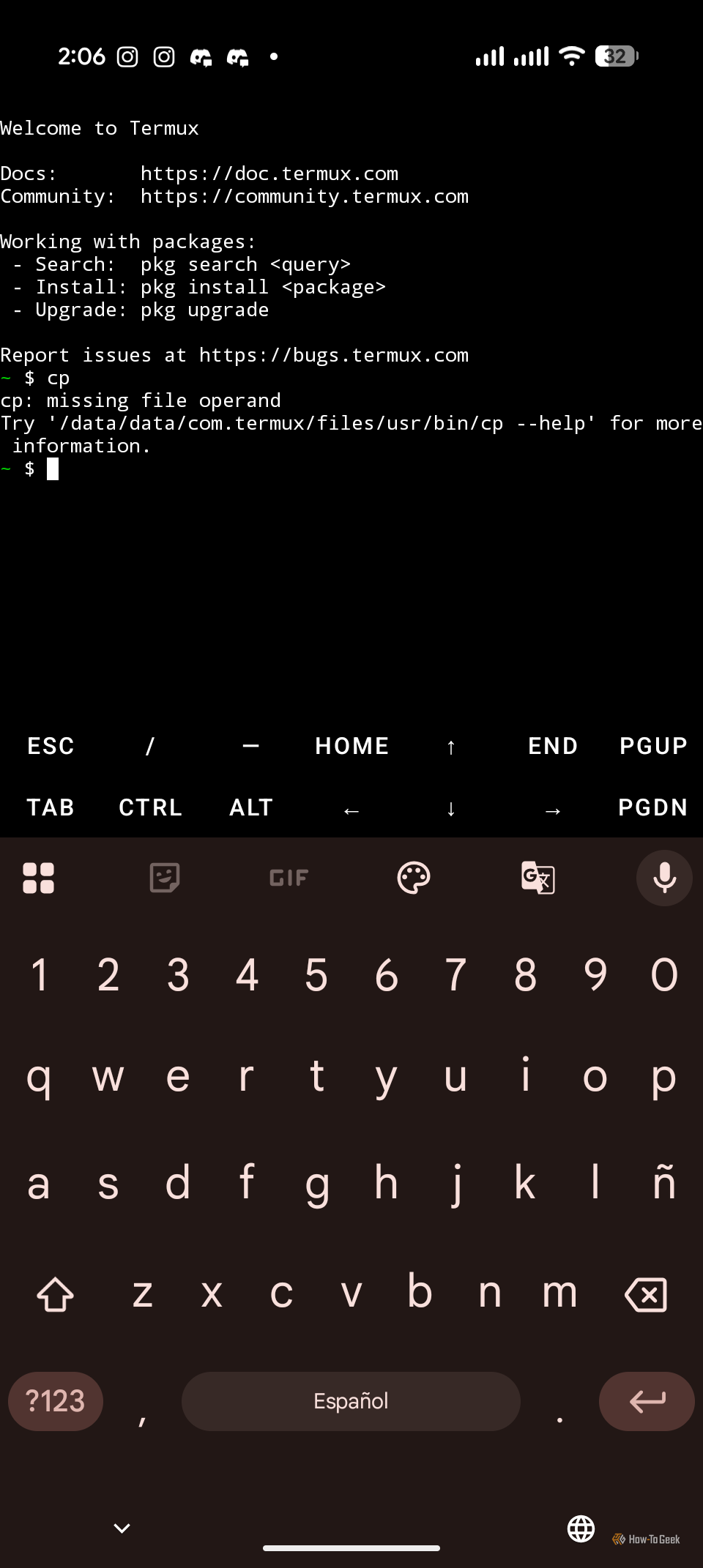 A screenshot of Termux running on Android, storage-related commands