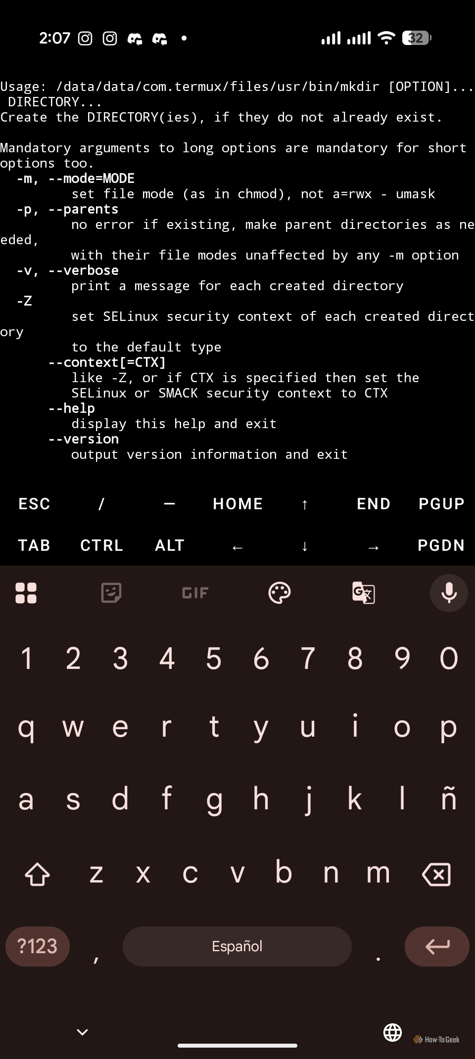 A screenshot of Termux running on Android, storage-related commands