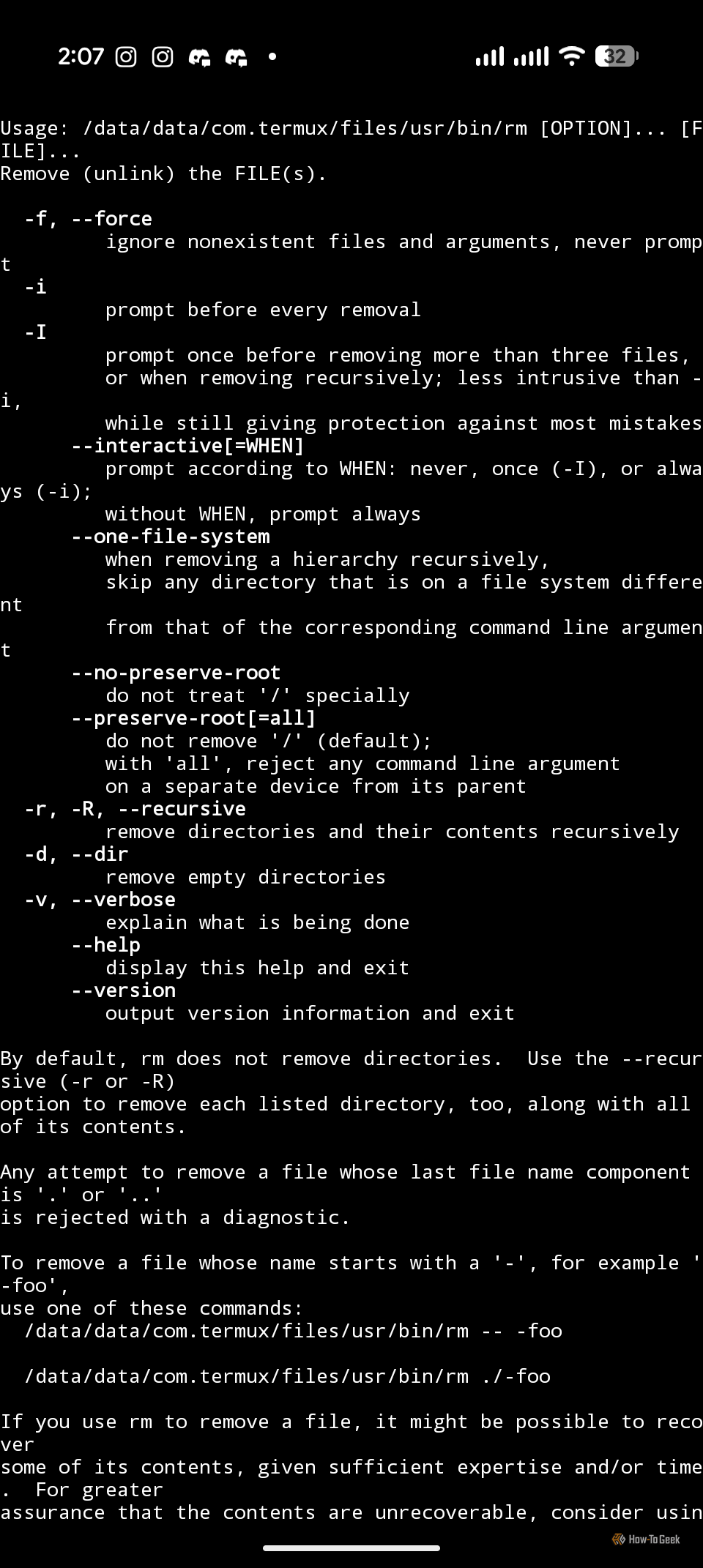 A screenshot of Termux running on Android, storage-related commands