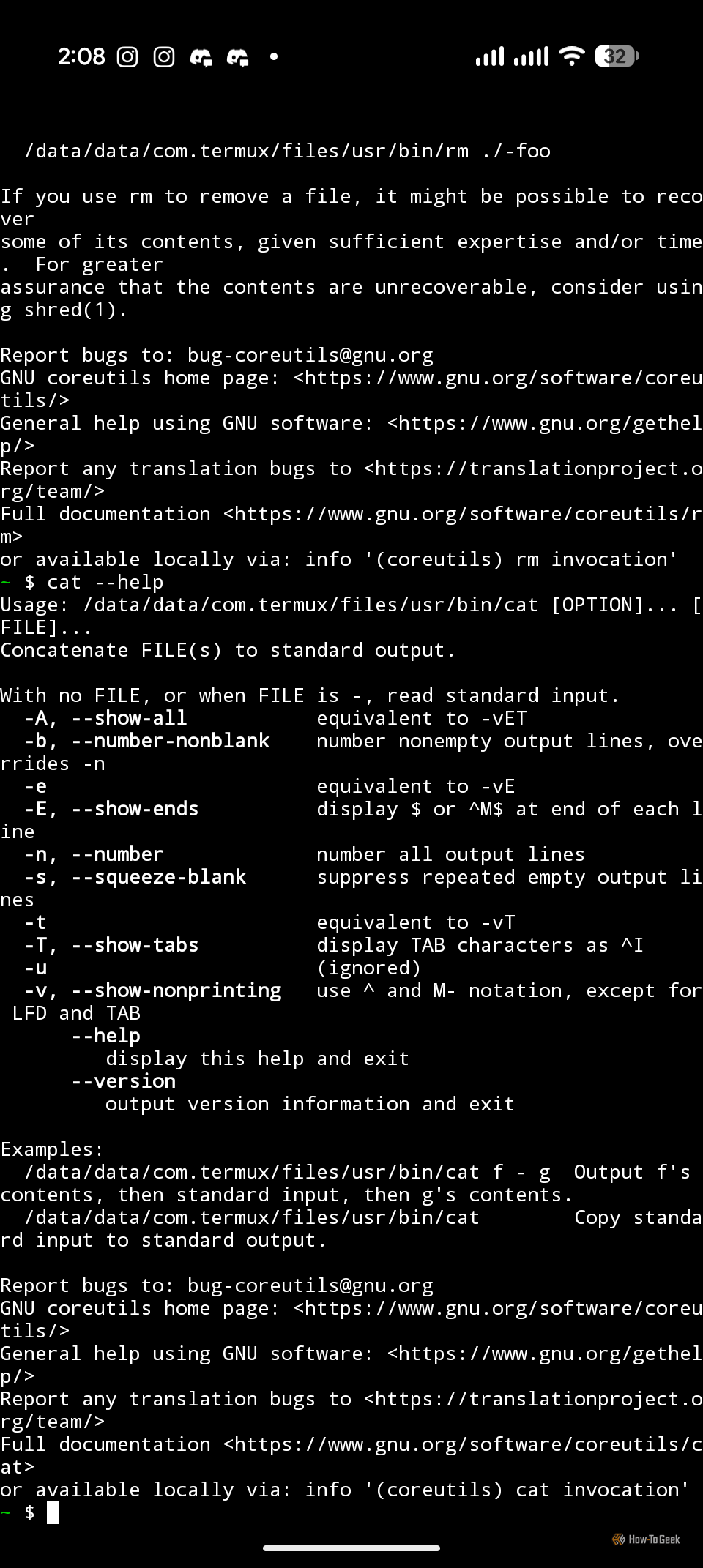A screenshot of Termux running on Android, storage-related commands
