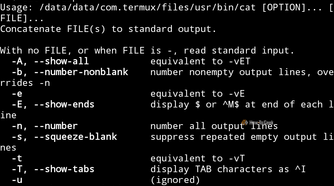 A screenshot of Termux running on Android, storage-related commands