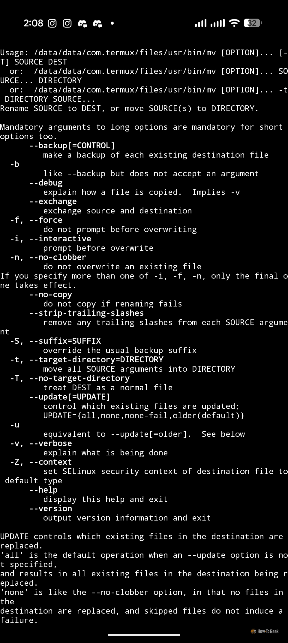A screenshot of Termux running on Android, storage-related commands
