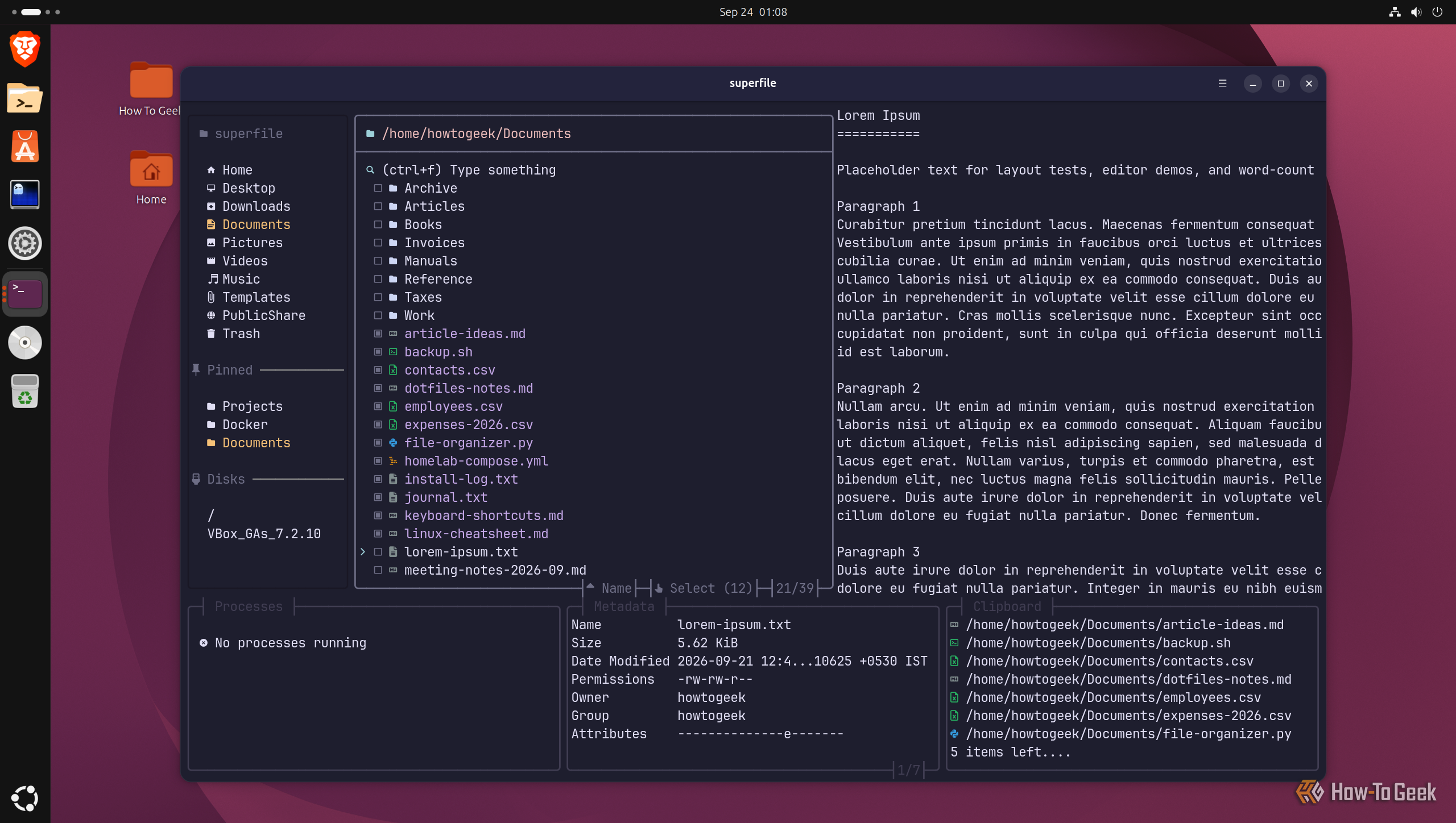 Select mode in the Documents folder with 12 files highlighted and queued in the clipboard widget.