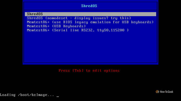 Shred OS startup options