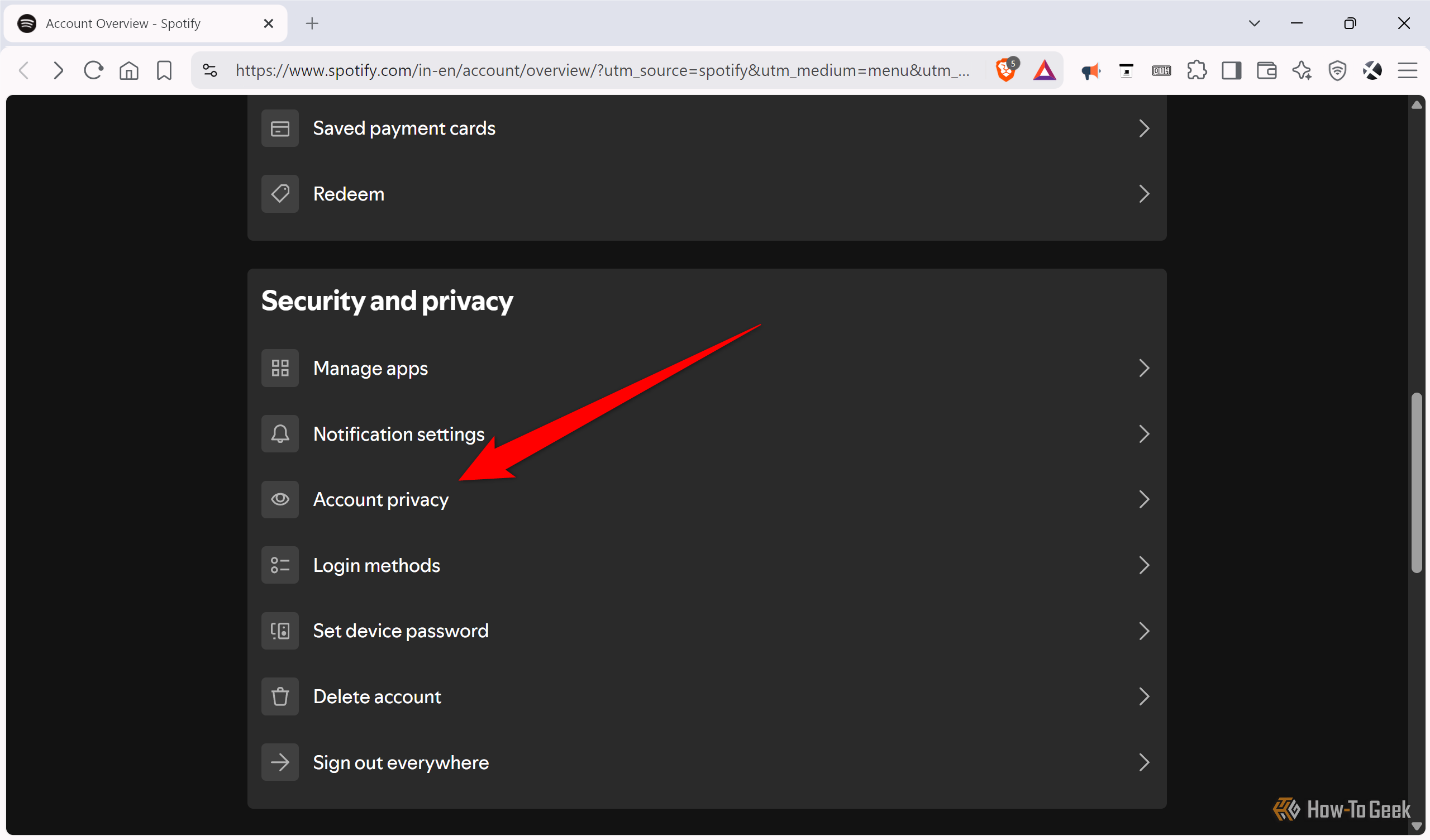 Spotify account overview page with the Account privacy option highlighted under Security and privacy.