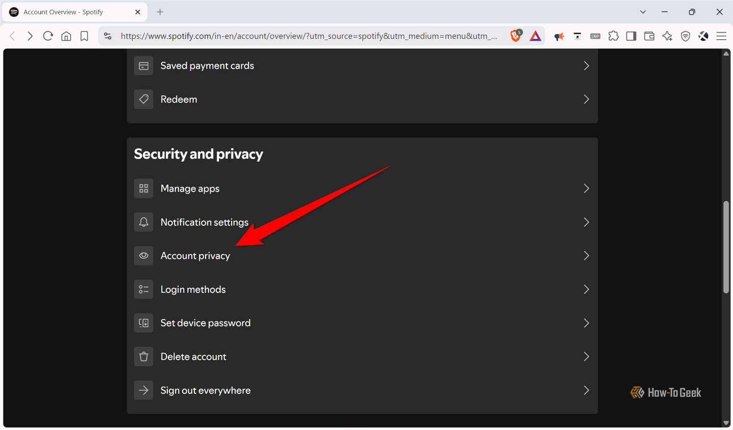 Spotify account overview page with the Account privacy option highlighted under Security and privacy.