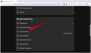 Spotify account overview page with the Account privacy option highlighted under Security and privacy.