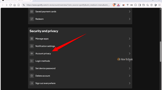Spotify account overview page with the Account privacy option highlighted under Security and privacy.