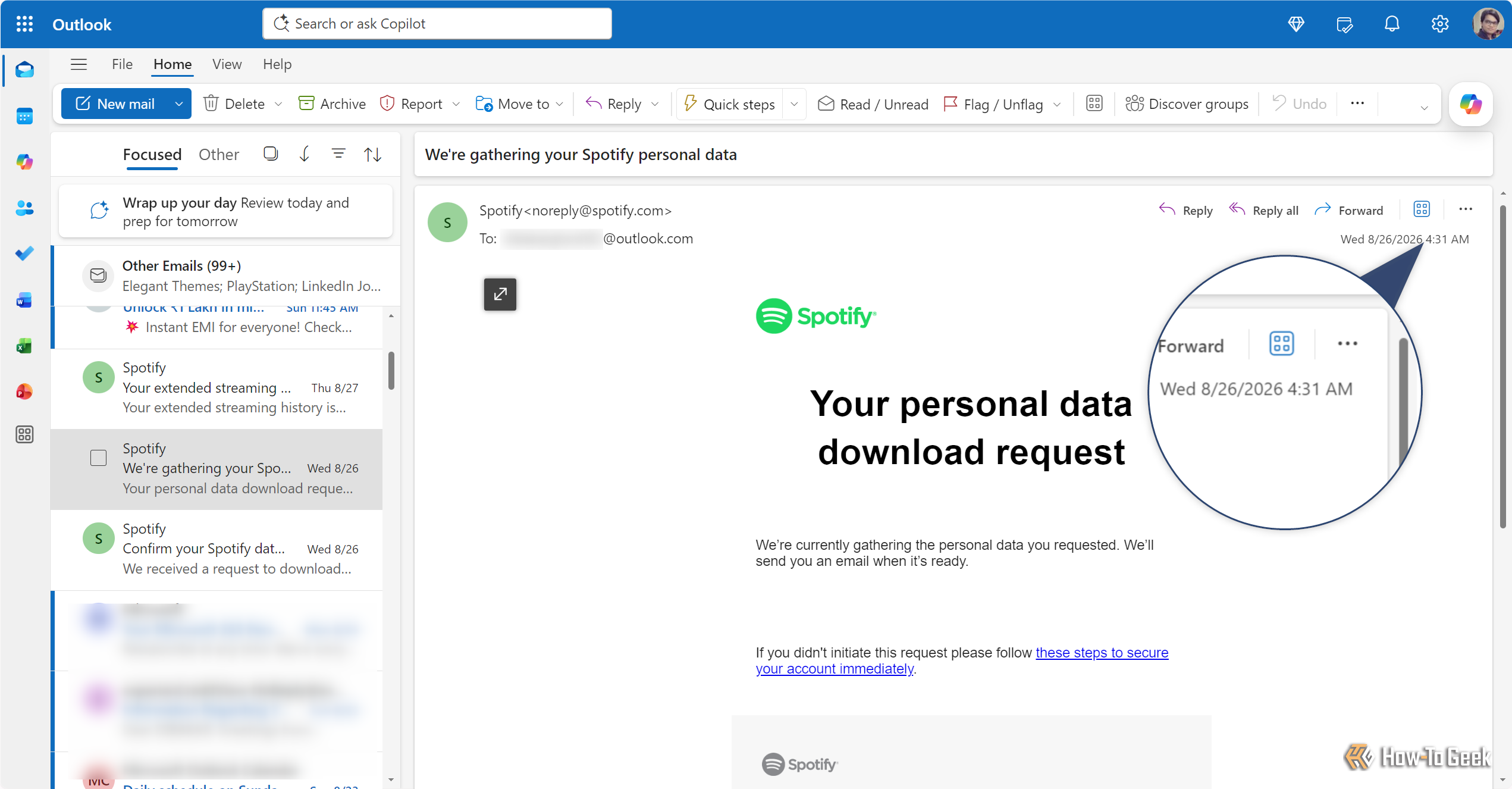 Spotify confirmation email saying it is gathering the personal data, timestamped 26 August 4.31 AM.