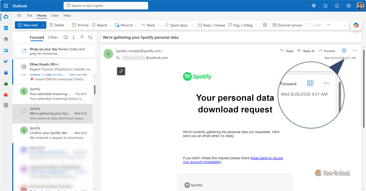 Spotify confirmation email saying it is gathering the personal data, timestamped 26 August 4.31 AM.
