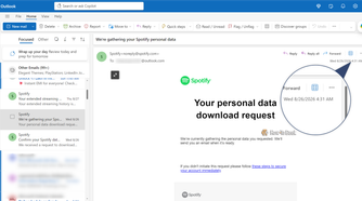 Spotify confirmation email saying it is gathering the personal data, timestamped 26 August 4.31 AM.