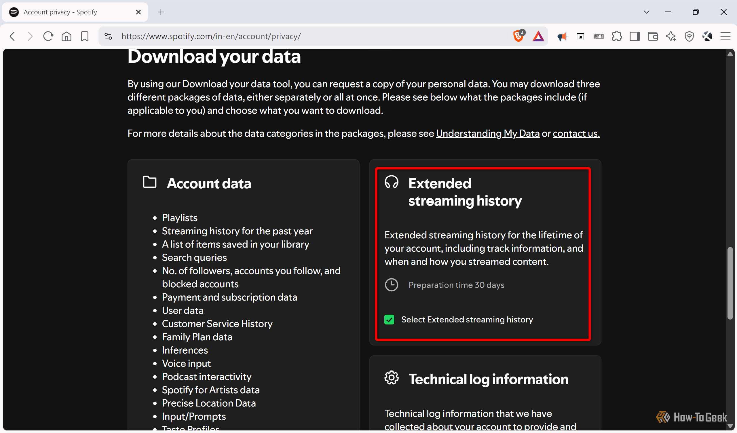 Spotify Download your data page with Extended streaming history selected instead of Account data.