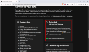Spotify Download your data page with Extended streaming history selected instead of Account data.